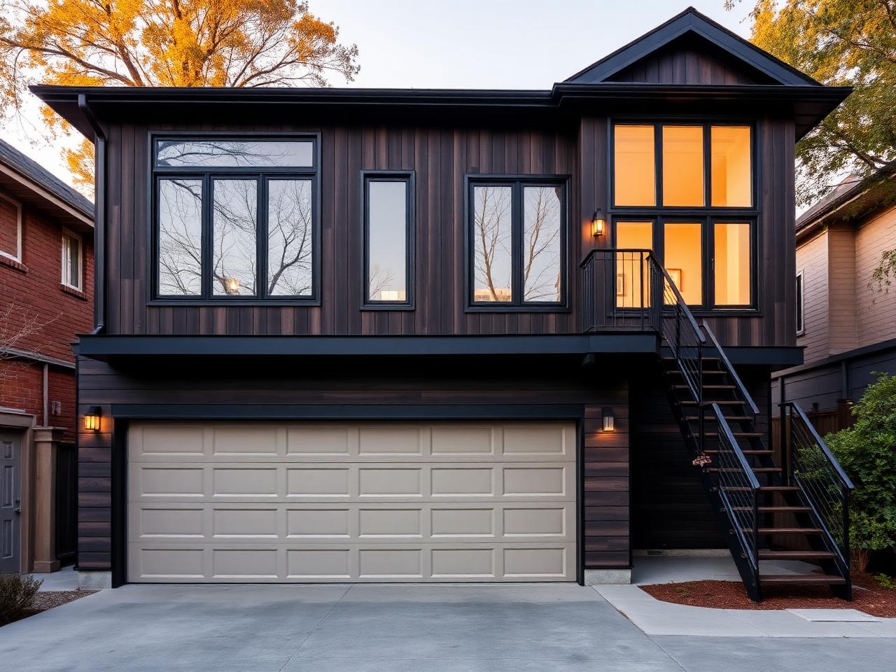 A two-storey carriage house with living space above a detached garage facing a lane