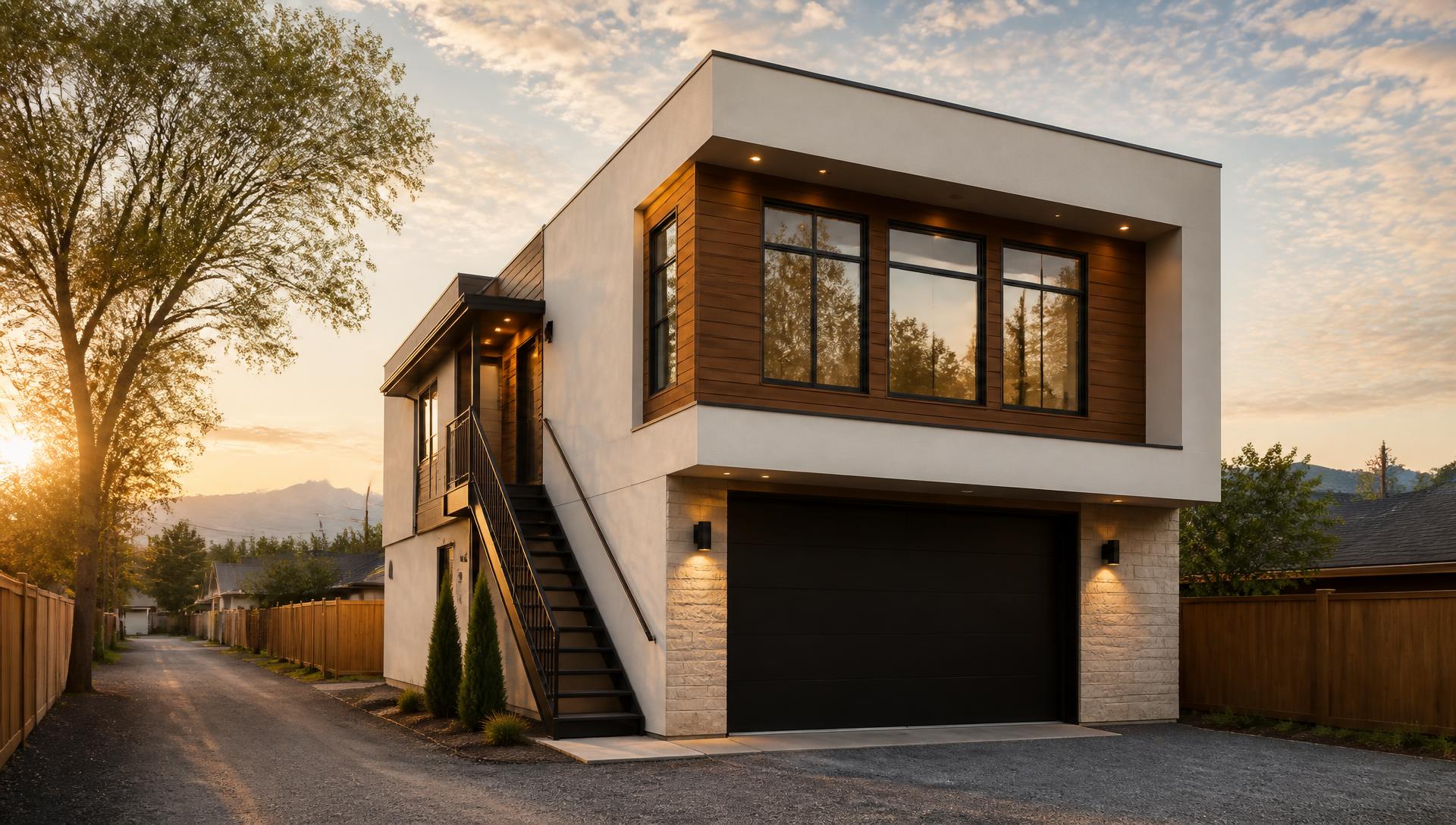 A Calgary carriage house suite above a detached garage, seen from the back lane